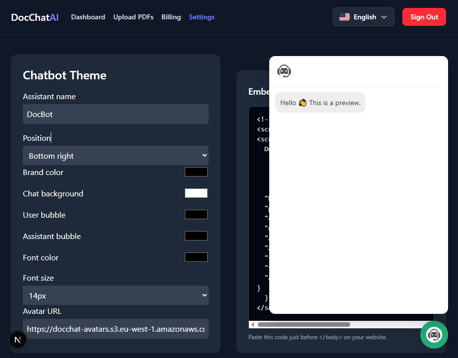 Customize AI chatbot appearance colors and fonts settings