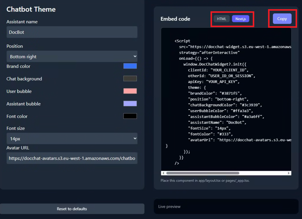 Copy and paste no-code AI chatbot embed snippet