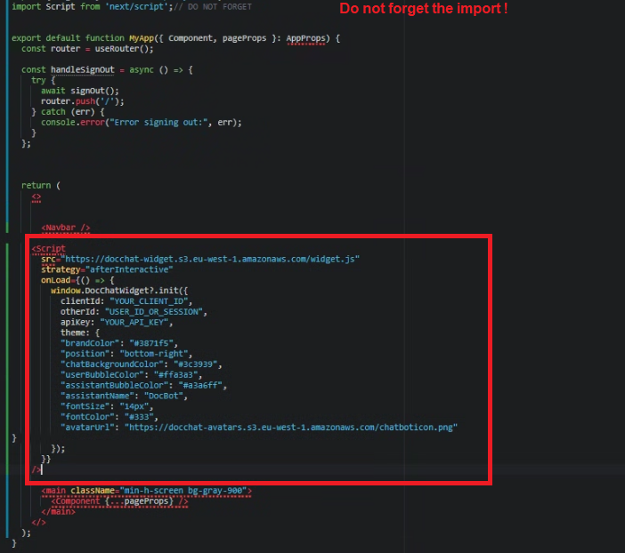 Integrate no-code AI chatbot embed snippet